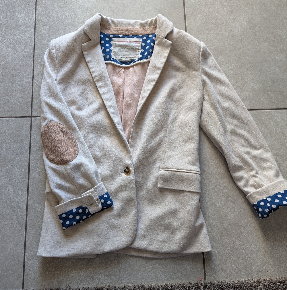 J. Crew Factory Cream Blazer with Blue Polka Dot Lining